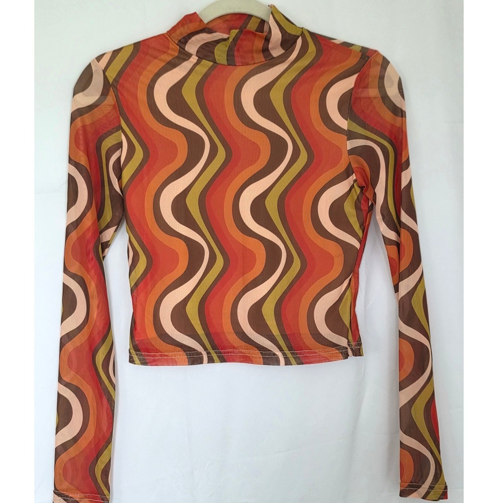 Princess Polly Retro Wavy Swirl Print Mesh Mock Neck Long Sleeve Crop Top Size 6